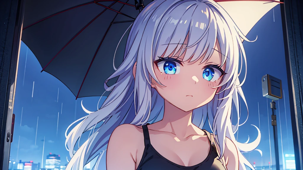 klee, holding umbrella,tears,wearing cropped tank top, wearing plain white cropped tank top, night city, rain,sad,highly detailed eyes, highly detailed face, highly detailed background,