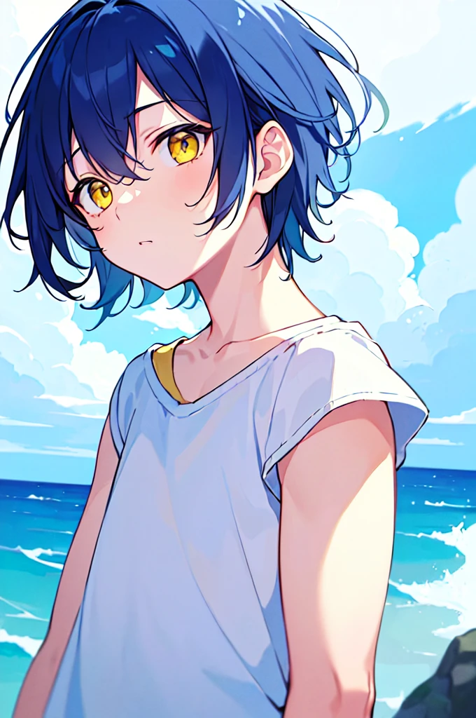 Effeminate boy with blue hair and white streaks in his hair, black earrings, scars on the mouth, starfish necklace, anime style bluish white skin 4k