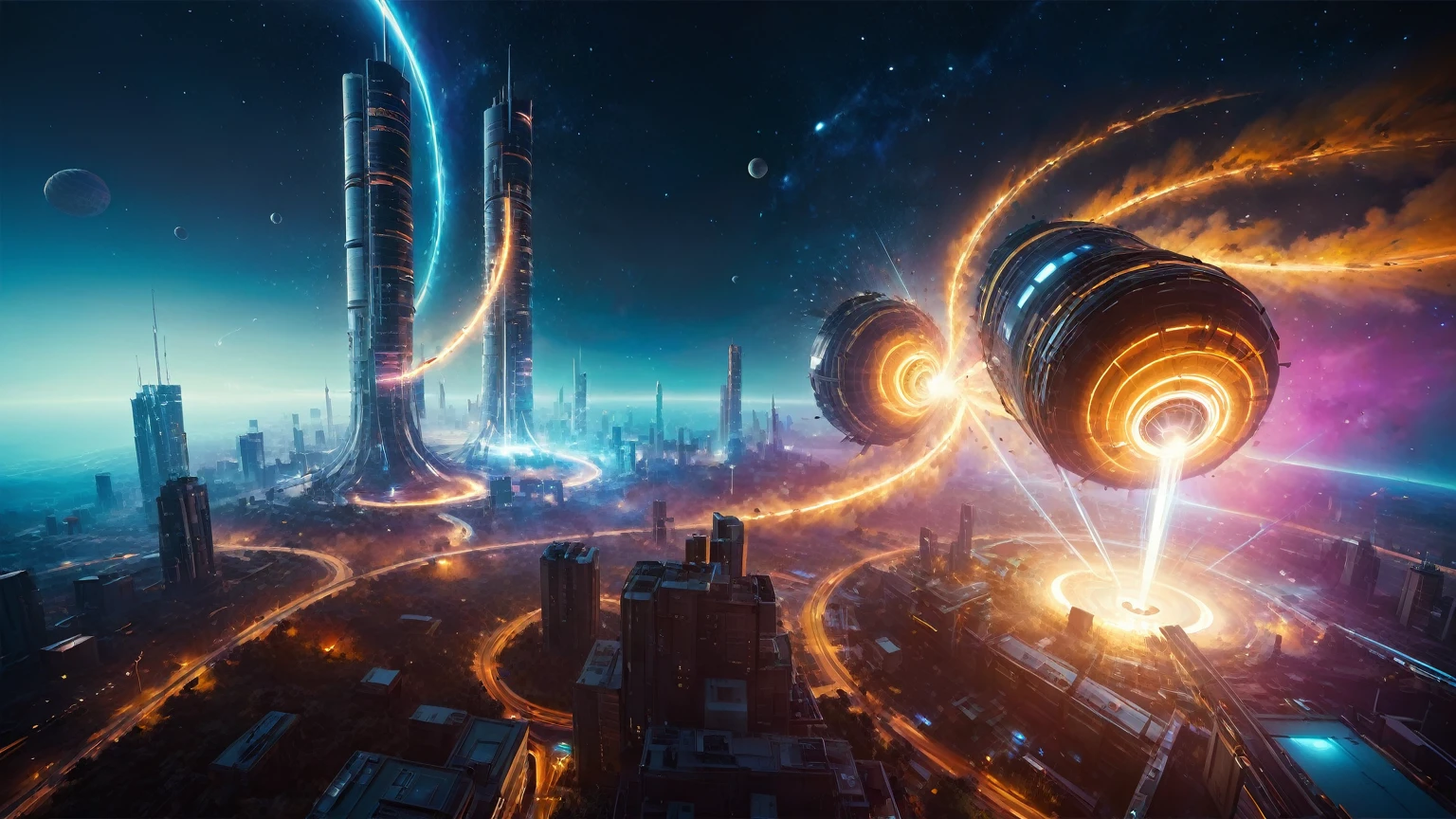 brightly colored abstract image of a space station with a spiral, epic beautiful space scifi, chaotic cinematic space rift, greg beeple, planets colliding, beeple and tim hildebrandt, beeple and jean giraud, end of the universe, galaxy space sci-fi, ringworld, by Mike "Beeple" Winkelmann. Matrix style, (((((Matrix cascading code))))), (((((a futuristic twin tower skyscraper with a unique twisted design))))), (((((OLED GUI interfaces in the building))))), at night, (((((1girl, solo))))), photo realistic, (((large-breast:1.2 slim body, cleavage))), (((off broken mini sling-shirt and black sling bra, extreamly short pleated miniskirt exposing panty))), (((((running pose))))), (((((matrix style black sunglasses))))), ((((((((((aiming with a short gun)))))))))), (((((looking at camera))))), (((very low view))), (((((half-body thigh level medium shot))))), (((cinematic lighting))).