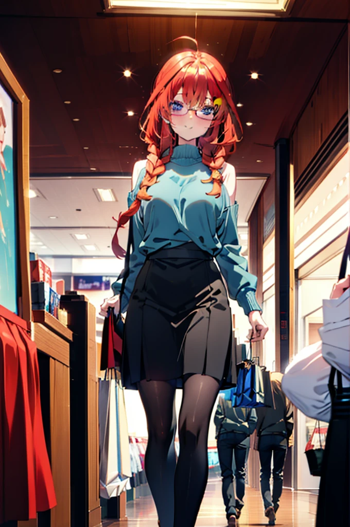 itsukinakano, Itsuki Nakano, bangs, blue eyes, Hair between the eyes, Ahoge, Redhead, star \(symbol\), hair ornaments, star hair ornaments,happy smile, smile, Open your mouth,blush,Akabuchi Glasses,Big Breasts,Long braids,One-shoulder sweater,Long skirt,Black pantyhose,short boots,Daytime,walking,whole bodyがイラストに入るように,crowd, people々々,
break indoors, Shopping mall,
break looking at viewer, whole body,
break (masterpiece:1.2), highest quality, High resolution, unity 8k wallpaper, (figure:0.8), (Beautiful fine details:1.6), Highly detailed face, Perfect lighting, Highly detailed CG, (Perfect hands, Perfect Anatomy),