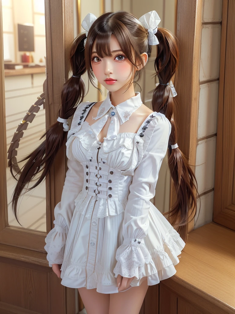 ((highest quality)),(超A high resolution),(Very detailed),(Detailed Description),((The best CG)),(masterpiece),Very detailedなアート、Small breasts、Whitening 1.5、(((Whitening 1.5)))、Clear skin quality、((()))、Ribbon hair ornament、(((Twin Tail Hairstyle 1.5)))Tying up hair、Glitter Necklace、Ultimate Beauty 1.5 、