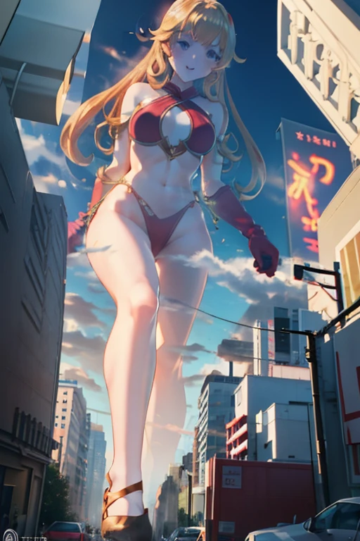 Giant Girl 50,000 feet high,Have a pair of long legs,Have a pair of huge breasts,Wearing a red bikini,Waist length blonde hair,Loose hair,Wear a pair of Mary Janes,Blonde curly hair,full of enjoyment,Standing firm in a crowded city, vandalism,It seems to be an invincible existence,Beautiful appearance,Exquisite makeup,quality,8K,高quality,(Governor:1.5),Perfect proportion, theater lighting,Film Grain,Fuji Colors,8K,Textured Skin,Super Detail,High Detail,high quality,high resolution,thunderbolt,Fake laugh,Morning, Full body image