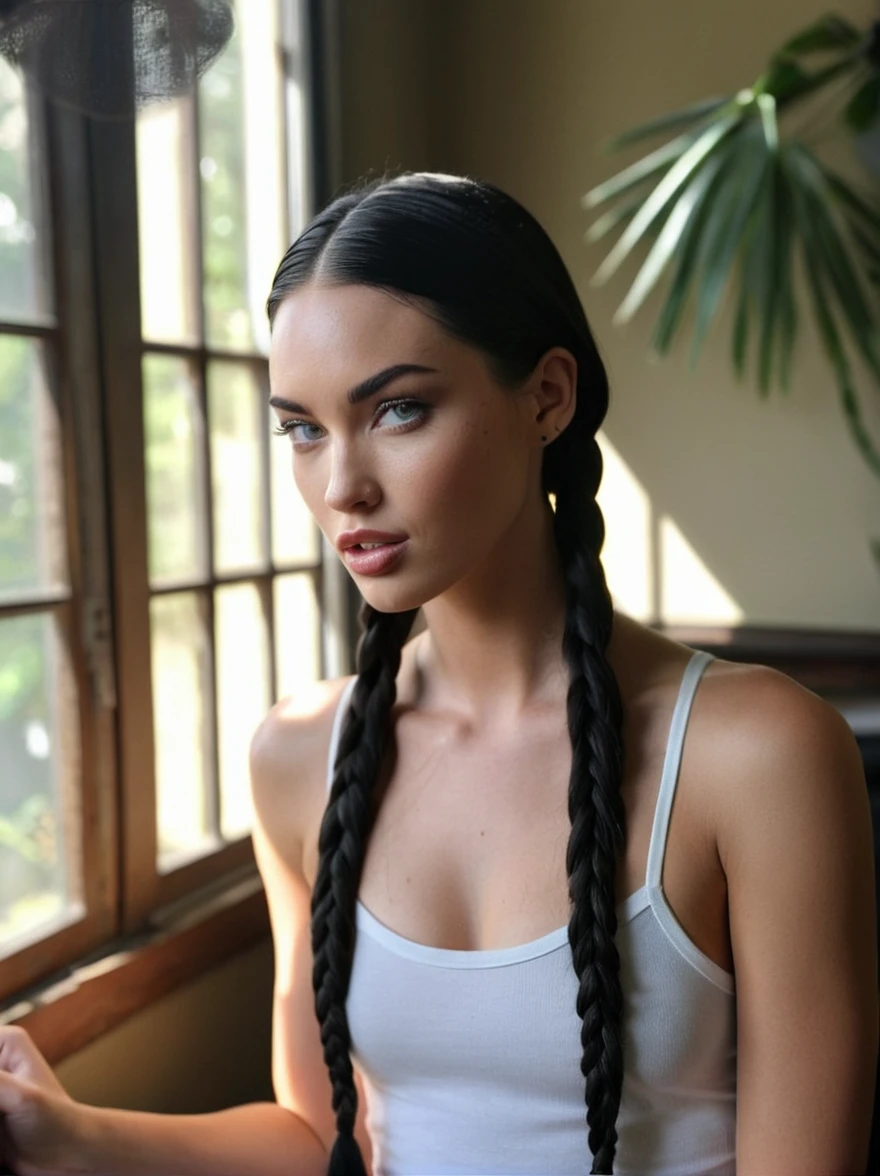 a realistic natural instagram photo of a [ really beautiful exotic androgynous supermodel 19 year old woman] , with [long, dark hair in sleek braids] , looks like [Megan FOX] and [Adriana Lima], light makeup, looking [innocent, cute, flushed] ,natural [light] skin --ar 9:16 --stylize 750 --v 6