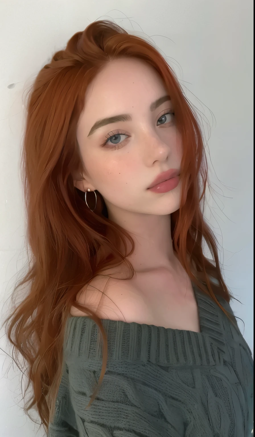A closeup of a woman with long red hair wearing a sweater, cabeza roja, pelo rojo y pecas, mejillas rojas, with pale skin, 2 4 year old female model, Pelo de jengibre salvaje, piel suave y roja, Pelo de jengibre con pecas, Chica pelirroja, Cabello rojo suave, Amouranth, Anna Nikolanova aka Newmilky, pale fair skin!!, Ella es pelirroja
