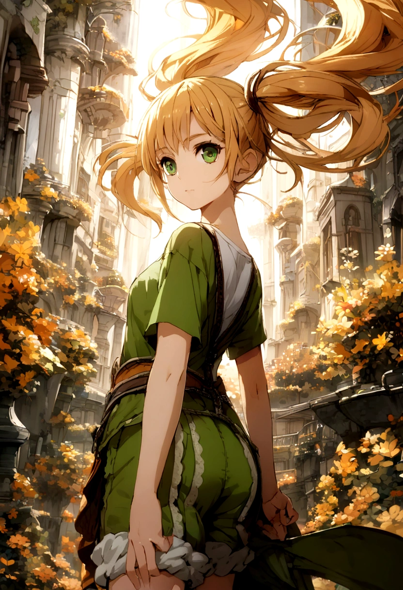 orange-blonde hair girl, pigtails to mid-back, green eyes, green jumpsuit, shorts, white t-shirt