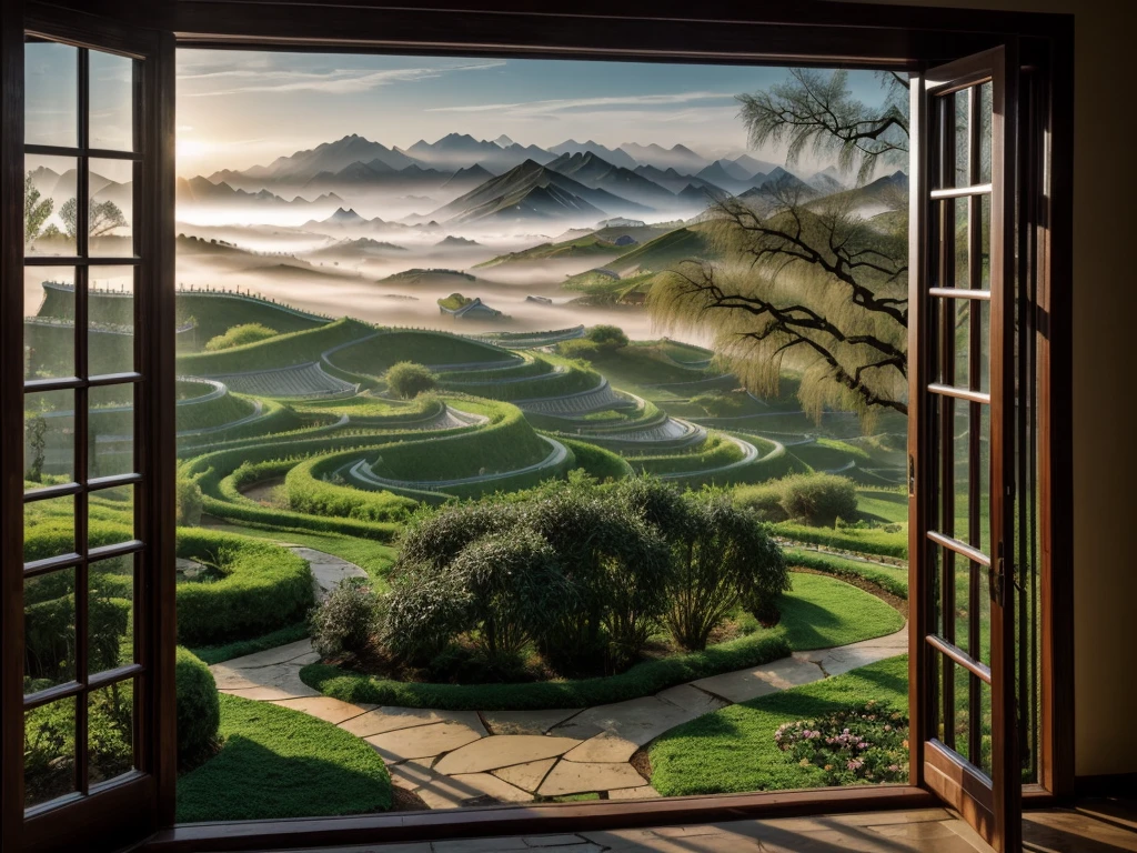 Landscape photography, film photography, Chinese landscape, garden from willow window, early morning, fog, real texture, photo texture, aesthetic, highly detailed, epic composition, Official media, 8k, uhd, beautiful nature