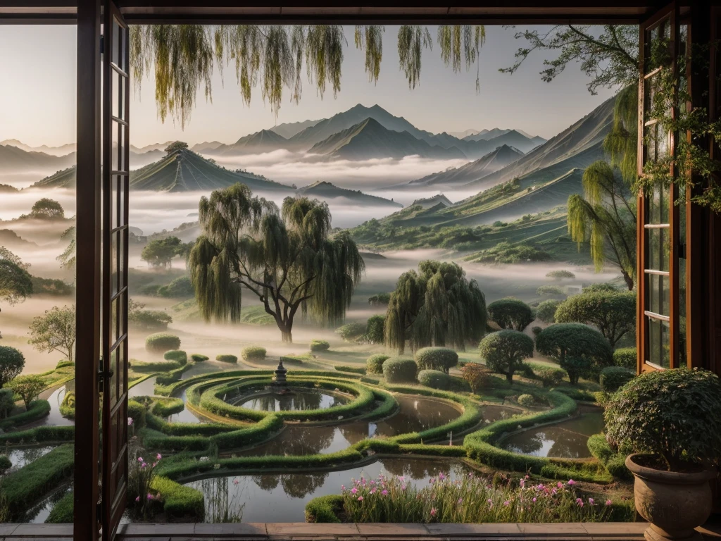 Landscape photography, film photography, Chinese landscape, garden from willow window, early morning, fog, real texture, photo texture, aesthetic, highly detailed, epic composition, Official media, 8k, uhd,  beautiful nature
