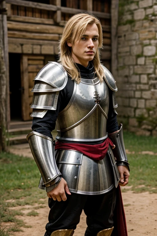 Emil Anderson as a blonde handsome young broad tall knight (red and black armor) (medieval)