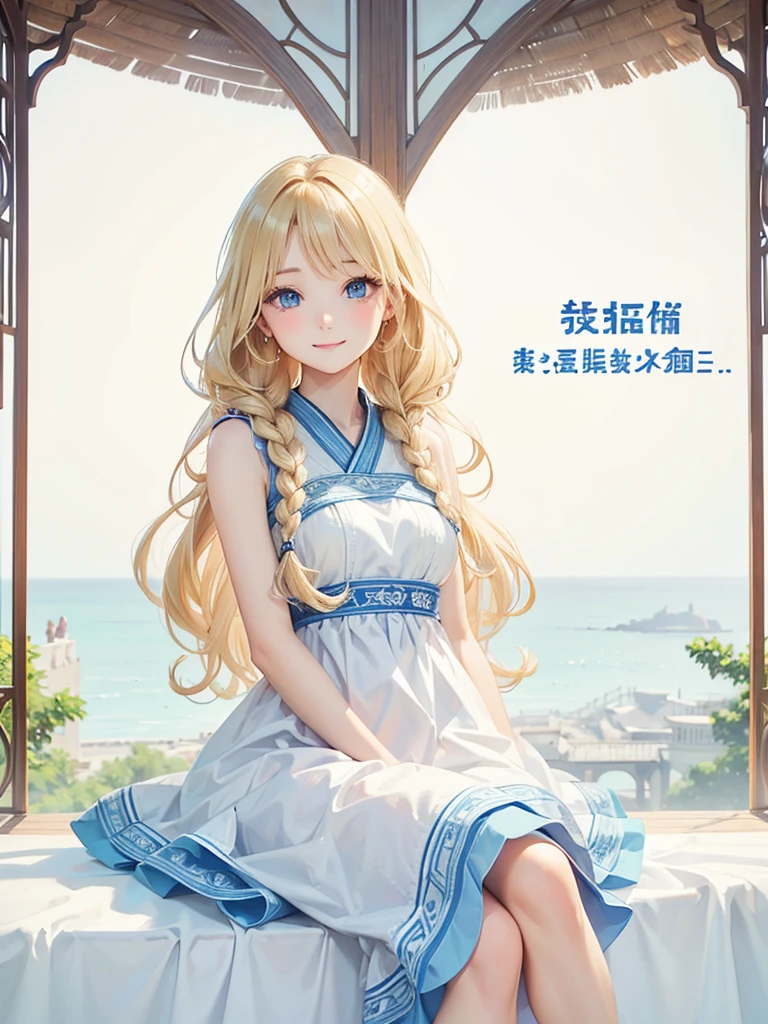 Blonde Hair、blue eyes、girl、Lady、Braiding、I have long hair。、girl、White dress、smile、Vertical Roll、Drill Hair、Wavy Hair、Sitting、palace、reservoir