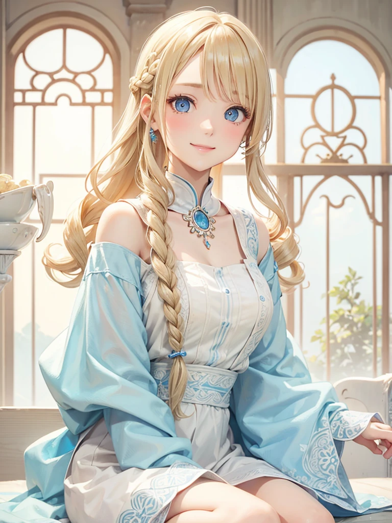 Blonde Hair、blue eyes、girl、Lady、Braiding、I have long hair。、girl、White dress、smile、Vertical Roll、Drill Hair、Wavy Hair、Sitting、palace、reservoir