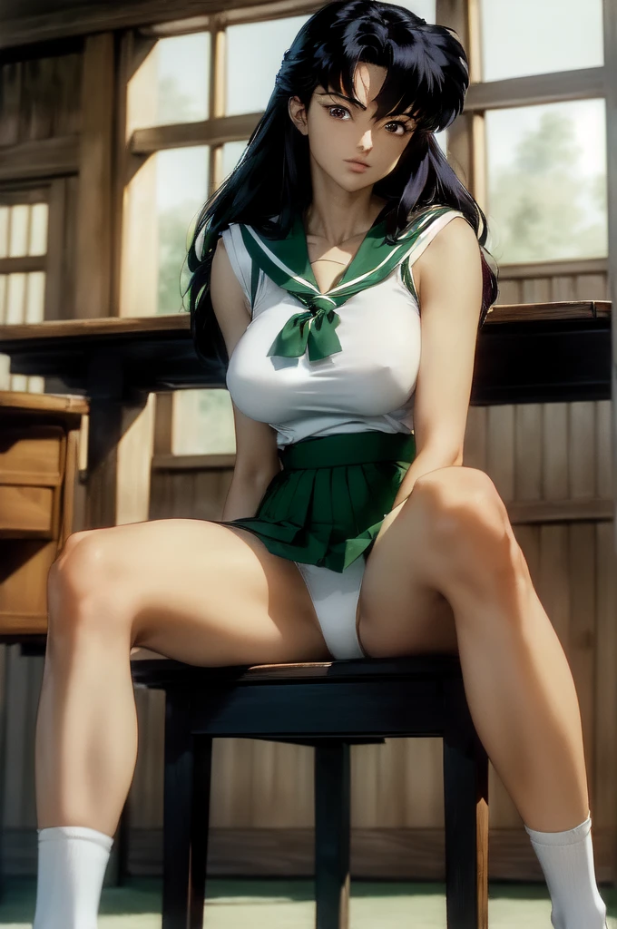 (masterpiece, best quality, ultra detailed, absurdres:1.5) , 1girl, (sexy, beautiful woman, perfect face, perfect eyes, perfect female body, huge breasts)1.5, ((kagomeiy, higurashi kagome, white sailor shirt, green sailor collar, red neckerchief, green pleated skirt, (white panties) , white socks, loafers, long hair, black hair, spiked hair, hair between eyes, wide bangs, )) , (sitting on a chair, (legs apart, showing panties) , inside a Japanese classroom), perfect lighting, smooth, hdr