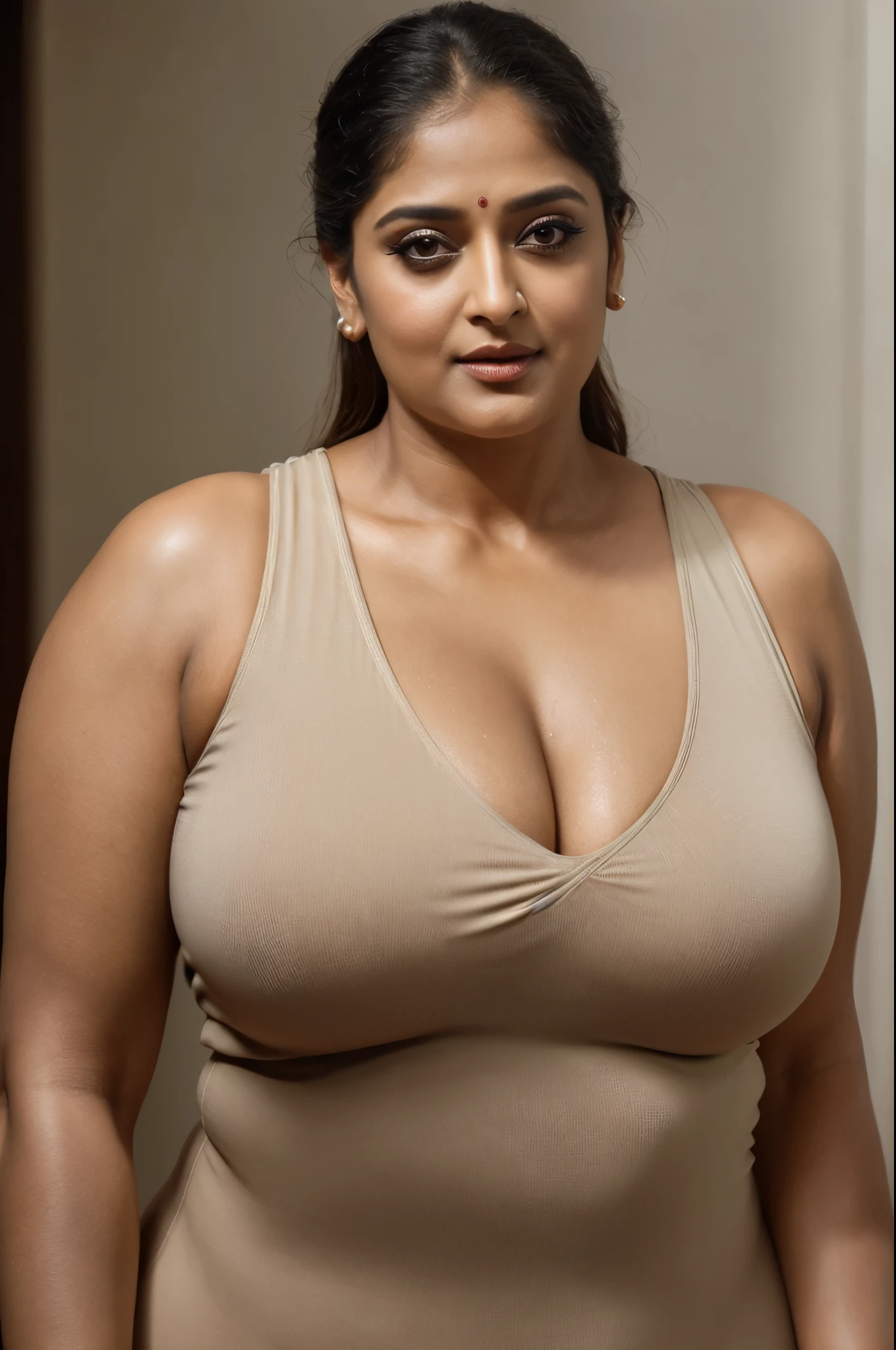 50yo mature MILF Anushka Shetty,((best quality)), ((masterpiece)), ((realistic)), eye kajal, eye liner, mascara, light red lips, curvy hot mommy figure, sensual Beauty, provoking body, extreme sweat, sweat soaked skin, slight stretch marks, alluring figure,  bulging figure, thick charming lady, curvy, thick navel, full figured woman, eye kajal, massive breast, full body, styled hair, pierced eyes, female face,royal aura, trend on artstation , sharp focus, studio photo, intricate detail, very detailed, detailed eye, illustration, very detailed, sharp focus, digital render, professional, 4k