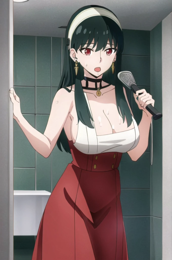 ((extremely detailed CG unity 4k wallpaper)),(masterpiece),(ultra quality),(ultra-detailed),(best illustration),(Extremely Detailed) Yor Forger, 1girl, solo, black hair, red eyes, hairband, jewelry, earrings, gold earrings, sidelocks, bangs, naked, nude, nics breasts, big breasts, skinny, slim waist, touching body, nipples, hard nipples, pussy, in shower, taking shower, front pov, water on body, wet, pleasurable face