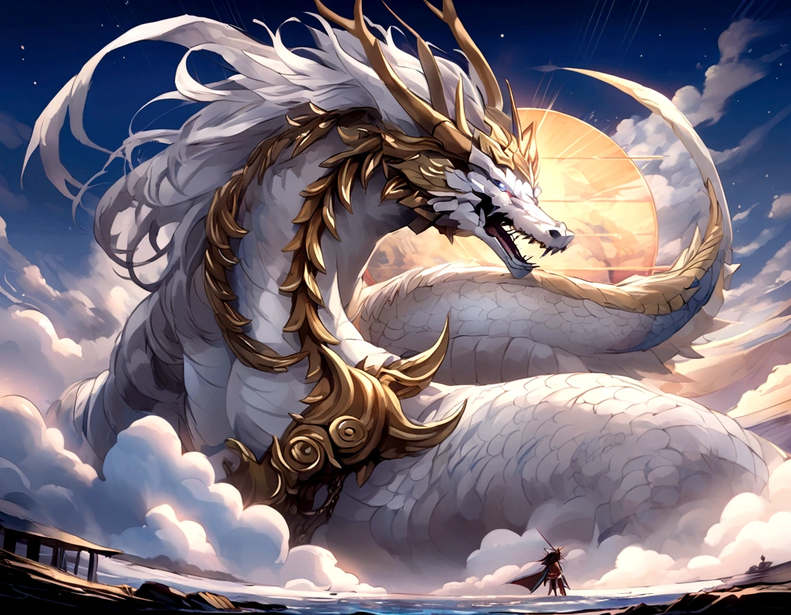 white dragon god, gentle gaze, fantastic background, moonlight background, sea of ​​clouds background, golden splashes, mysterious, divine light, mythical creature, traditional Chinese dragon, myth, speckled light, hazy haze, mysterious aura, masterpiece, fantastic, elegant dragon, good fortune, fantasy art