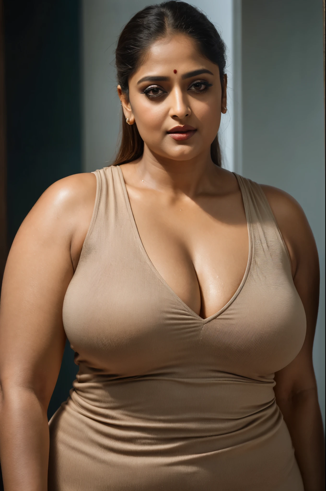 50yo mature MILF Anushka Shetty,((best quality)), ((masterpiece)), ((realistic)), eye kajal, eye liner, mascara, light red lips, curvy hot mommy figure, sensual Beauty, provoking body, extreme sweat, sweat soaked skin, slight stretch marks, alluring figure, bulging figure, thick charming lady, curvy, thick navel, full figured woman, eye kajal, massive breast, full body, styled hair, pierced eyes, female face,royal aura, trend on artstation , sharp focus, studio photo, intricate detail, very detailed, detailed eye, illustration, very detailed, sharp focus, digital render, professional, 4k