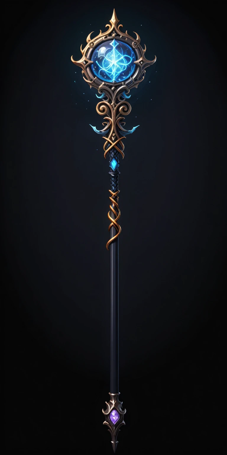pixel art, cartoon illustration, Divine glavie greatstaff, Powerfull Magical theme, simple black background, RPG game icon