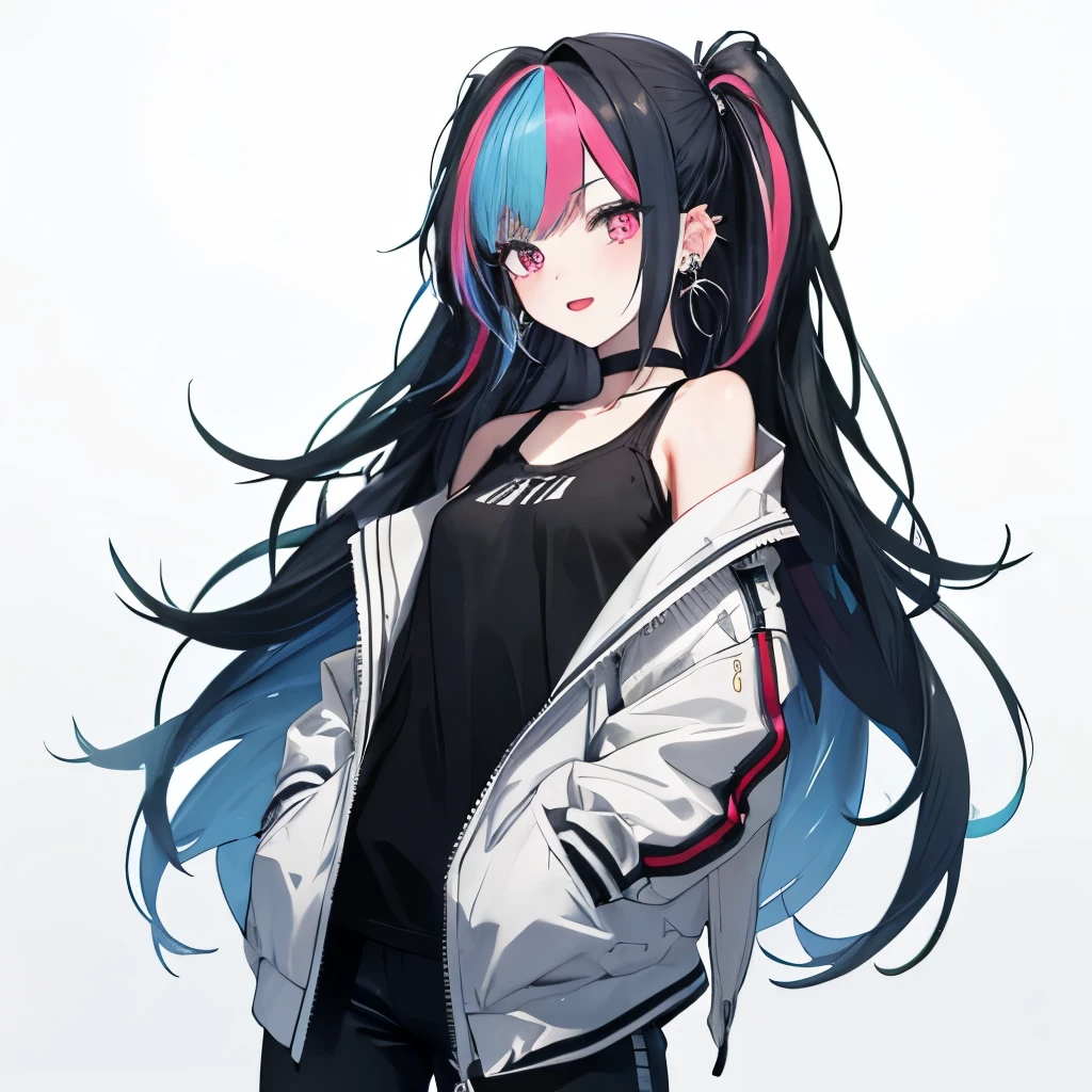 (Absurd, 8k, 4K, masterpiece, Extremely detailed:1.2), alone, One girl, front, Perfect Face, One girl, Expressive eyes, alone, Are standing, woman, Perfect hands, Pale skin, Friendly, Excited, punk, Long Hair, Multicolored Hair, Black choker, Black lipstick, Earrings, Ear Earrings, Lip Earrings, Nose Earrings, Small Bust, Streetwear, Half Body, Perfect Anatomy, Put your hands in your pockets, Graphic T-skirt, Anatomically correct, Cowboy Shot, No background, Sky Background, Put your arms behind your back, Covered breasts, White Background, Exposed shoulders,Upper Body