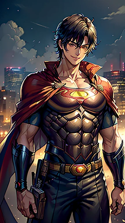 (highest quality, masterpiece, High resolution)、4K Anime Art、(1 handsome Japan man、20-year-old)、(cowboy_shot、Natural standing posture、)、 (Detailed depiction of a handsome face)、Happy smile、large chest、Short Hair、straight cut、 (Fantasy Warrior style Superman costume, red cape)、(Dark midnight background)、((Gotham City Background))、