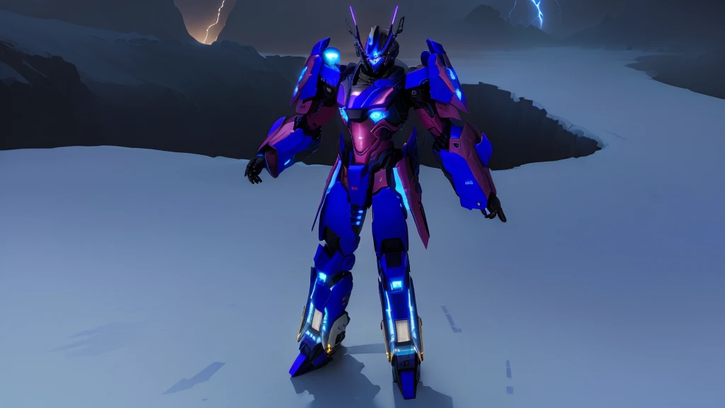 a blue colored female transformer with purple inserts, symmetrically arranged purple parts, on the back - hellicopter wings, arms from elbows to hands look like the front part of a helicopter, on the legs from knees to the ankle there are helicopter's repulsors and small heicopter's tail wings, no helmet, light blue eyes, two legs, two arms, not a suit, on a background there is an snowy dark blue metal desert, no buildings, no structures, dark blue storm clouds, light blue lightning from the clouds, blue river, river to the horizon, electrified river, light blue lightning from the river, space sky, stars in the sky, composition on the metal planet, big metalic planet, dark-blue metal, shiny metal, cybertron, mechanical planet, empty wasteland, dark blue storm clouds, light blue lightning from clouds, blue river, river to horizon, electrized river, light blue lightning from river, space sky, stars on the sky, realistic, watercolor, 4k, high quality, hight attention to details, concept art, concept art by Chris Mowry.