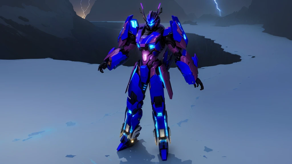 a blue colored female transformer with purple inserts, symmetrically arranged purple parts, on the back - hellicopter wings, arms from elbows to hands look like the front part of a helicopter, on the legs from knees to the ankle there are helicopter's repulsors and small heicopter's tail wings, no helmet, light blue eyes, two legs, two arms, not a suit, on a background there is an snowy dark blue metal desert, no buildings, no structures, dark blue storm clouds, light blue lightning from the clouds, blue river, river to the horizon, electrified river, light blue lightning from the river, space sky, stars in the sky, composition on the metal planet, big metalic planet, dark-blue metal, shiny metal, cybertron, mechanical planet, empty wasteland, dark blue storm clouds, light blue lightning from clouds, blue river, river to horizon, electrized river, light blue lightning from river, space sky, stars on the sky, realistic, watercolor, 4k, high quality, hight attention to details, concept art, concept art by Chris Mowry.