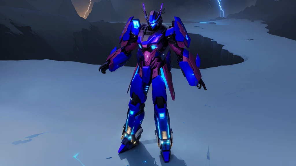 a blue colored female transformer with purple inserts, symmetrically arranged purple parts, on the back - hellicopter wings, arms from elbows to hands look like the front part of a helicopter, on the legs from knees to the ankle there are helicopter's repulsors and small heicopter's tail wings, no helmet, light blue eyes, two legs, two arms, not a suit, on a background there is an snowy dark blue metal desert, no buildings, no structures, dark blue storm clouds, light blue lightning from the clouds, blue river, river to the horizon, electrified river, light blue lightning from the river, space sky, stars in the sky, composition on the metal planet, big metalic planet, dark-blue metal, shiny metal, cybertron, mechanical planet, empty wasteland, dark blue storm clouds, light blue lightning from clouds, blue river, river to horizon, electrized river, light blue lightning from river, space sky, stars on the sky, realistic, watercolor, 4k, high quality, hight attention to details, concept art, concept art by Chris Mowry.