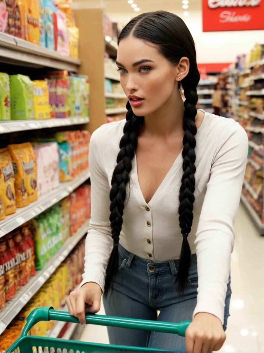 a realistic natural instagram photo of a [ really beautiful exotic androgynous supermodel 19 year old woman] , with [long, dark hair in sleek braids] , looks like [Megan FOX] and [Adriana Lima], light makeup, looking [innocent, cute, flushed] , shopping [light] skin --ar 9:16 --stylize 750 --v 6