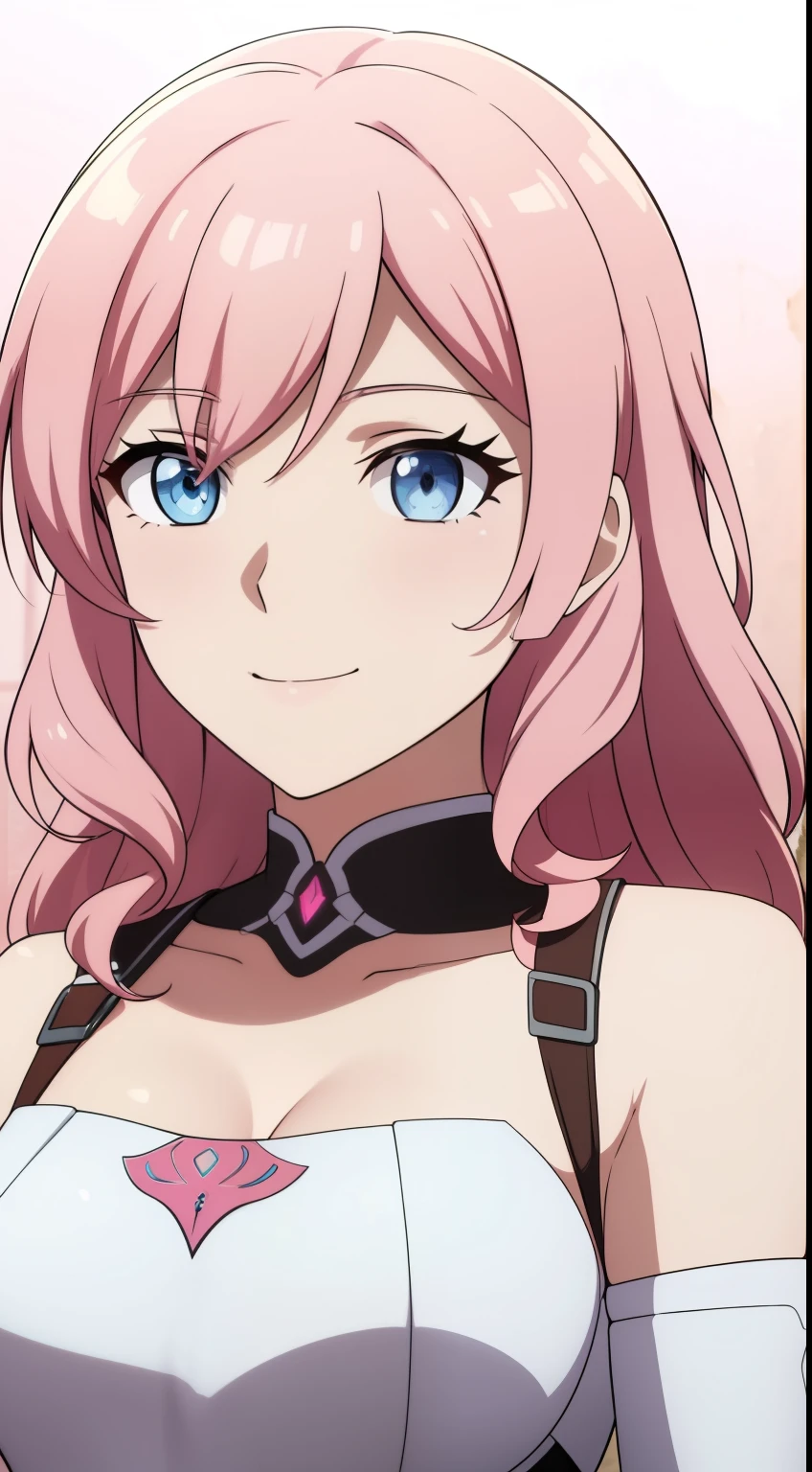 (high-quality, breathtaking),(expressive eyes, perfect face) Symmetrical Eyes, portrait, 1girl, warm blonde hair color, pink highlights, bright blue eyes, blue and white armor, curly hair, wavy hair, bare shoulders, smiling, fantasy armor, Neopolitan RWBY, detached sleeves, long hair length
