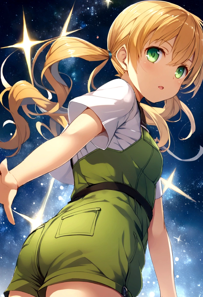 orange-blonde hair girl, pigtails to mid-back, green eyes, green jumpsuit, shorts, white t-shirt