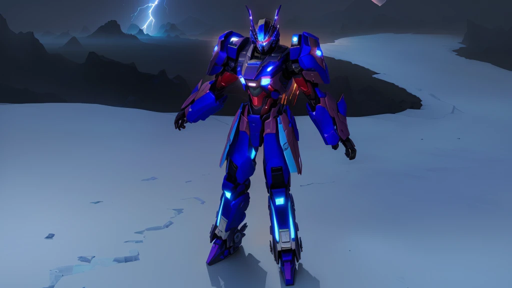 a blue colored female transformer with purple inserts, symmetrically arranged purple parts, on the back - hellicopter wings, arms from elbows to hands look like the front part of a helicopter, on the legs from knees to the ankle there are helicopter's repulsors and small heicopter's tail wings, no helmet, light blue eyes, two legs, two arms, not a suit, on a background there is an snowy dark blue metal desert, no buildings, no structures, dark blue storm clouds, light blue lightning from the clouds, blue river, river to the horizon, electrified river, light blue lightning from the river, space sky, stars in the sky, composition on the metal planet, big metalic planet, dark-blue metal, shiny metal, cybertron, mechanical planet, empty wasteland, dark blue storm clouds, light blue lightning from clouds, blue river, river to horizon, electrized river, light blue lightning from river, space sky, stars on the sky, realistic, watercolor, 4k, high quality, hight attention to details, concept art, concept art by Chris Mowry.
