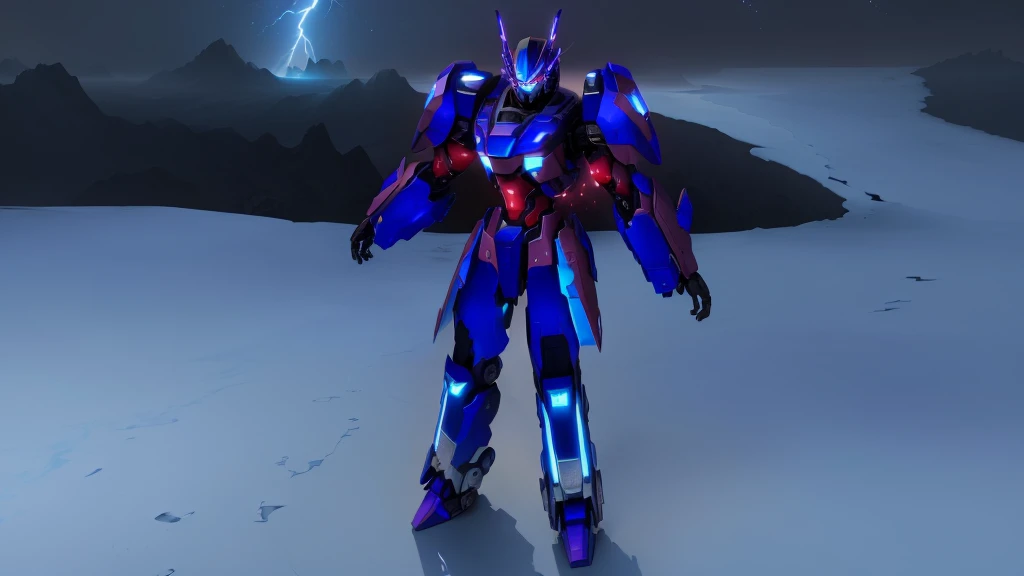 a blue colored female transformer with purple inserts, symmetrically arranged purple parts, on the back - hellicopter wings, arms from elbows to hands look like the front part of a helicopter, on the legs from knees to the ankle there are helicopter's repulsors and small heicopter's tail wings, no helmet, light blue eyes, two legs, two arms, not a suit, on a background there is an snowy dark blue metal desert, no buildings, no structures, dark blue storm clouds, light blue lightning from the clouds, blue river, river to the horizon, electrified river, light blue lightning from the river, space sky, stars in the sky, composition on the metal planet, big metalic planet, dark-blue metal, shiny metal, cybertron, mechanical planet, empty wasteland, dark blue storm clouds, light blue lightning from clouds, blue river, river to horizon, electrized river, light blue lightning from river, space sky, stars on the sky, realistic, watercolor, 4k, high quality, hight attention to details, concept art, concept art by Chris Mowry.