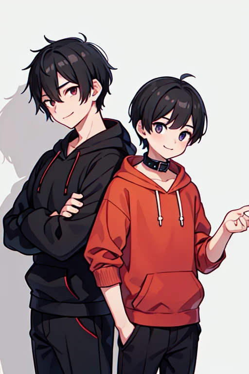 1 man and 1 boy, together, the man has a black hair, red shirt,collar, tie, black pant and the boy wear a hoodie , black hair, black pant, smile