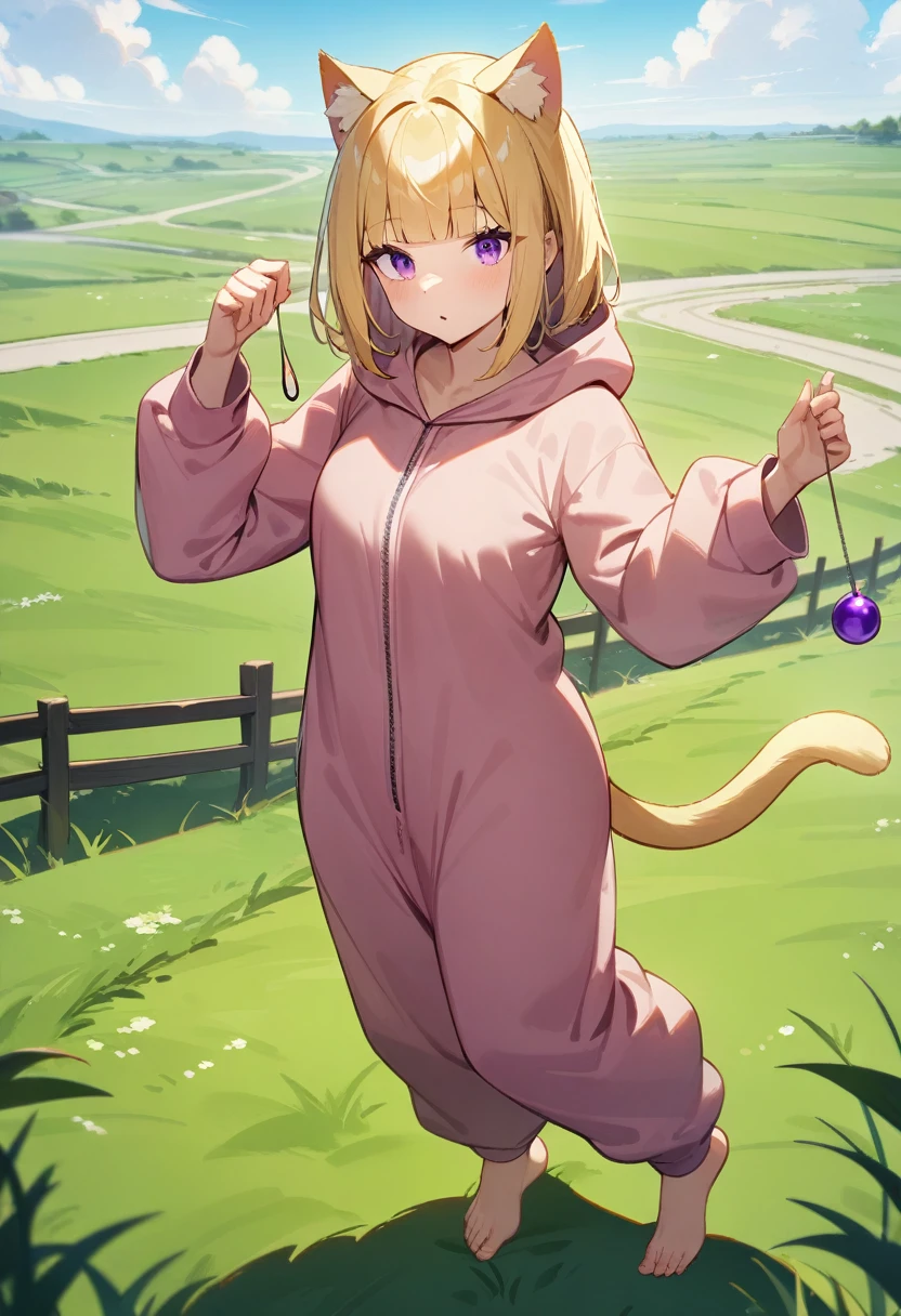 1girl, holding a pendulum, cat ears, long nose, natural breassts, long blonde hair, blunt bangs, purple eyes, baggy onesie, barefoot, grasslands road, masterpiece quality, ultra HD, 4K, best quality, 