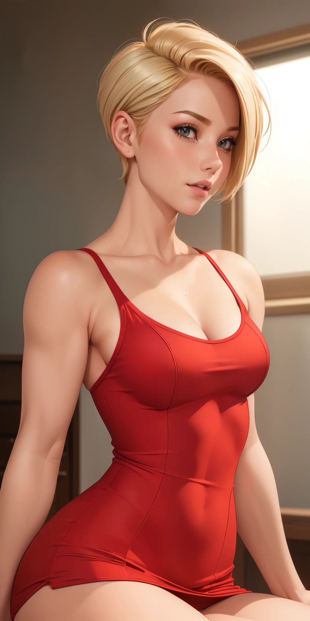 (best quality, ultra-detailed, photorealistic: 1.39), bright and vibrant colors, studio lighting, romantic expression, short red dress, undercut platinum bobcut  blonde hair, small breasts, fit, muscular, short hair, mercenary