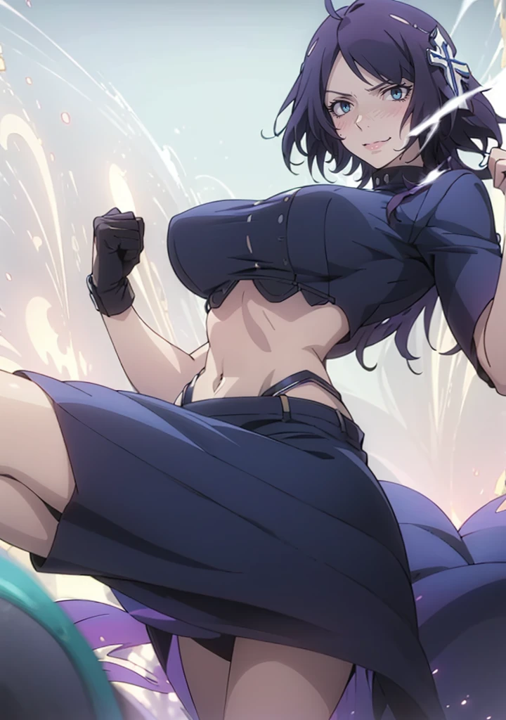 MC, ahoge, (long hari, purple hair:1.3), hair ornament, dark-blue eyes, anatomically correct, heavy breathing, mature female, anime girl with black outfit posing in front of a lightning, character from king of fighters, female protagonist 👀 :8, badass pose, badass anime 8 k, motoko kusanagi, detailed fanart, highly detailed exquisite fanart, thicc, commission for high res, anime moe artstyle, ilya kuvshinov. 4 k, anime style characterm, hollow eyes, bright pupils, dark-blue eyes, looking at viewer. glowing eyes heavy breathing, seductive smile, (steaming face:1.3), blush face, lips,