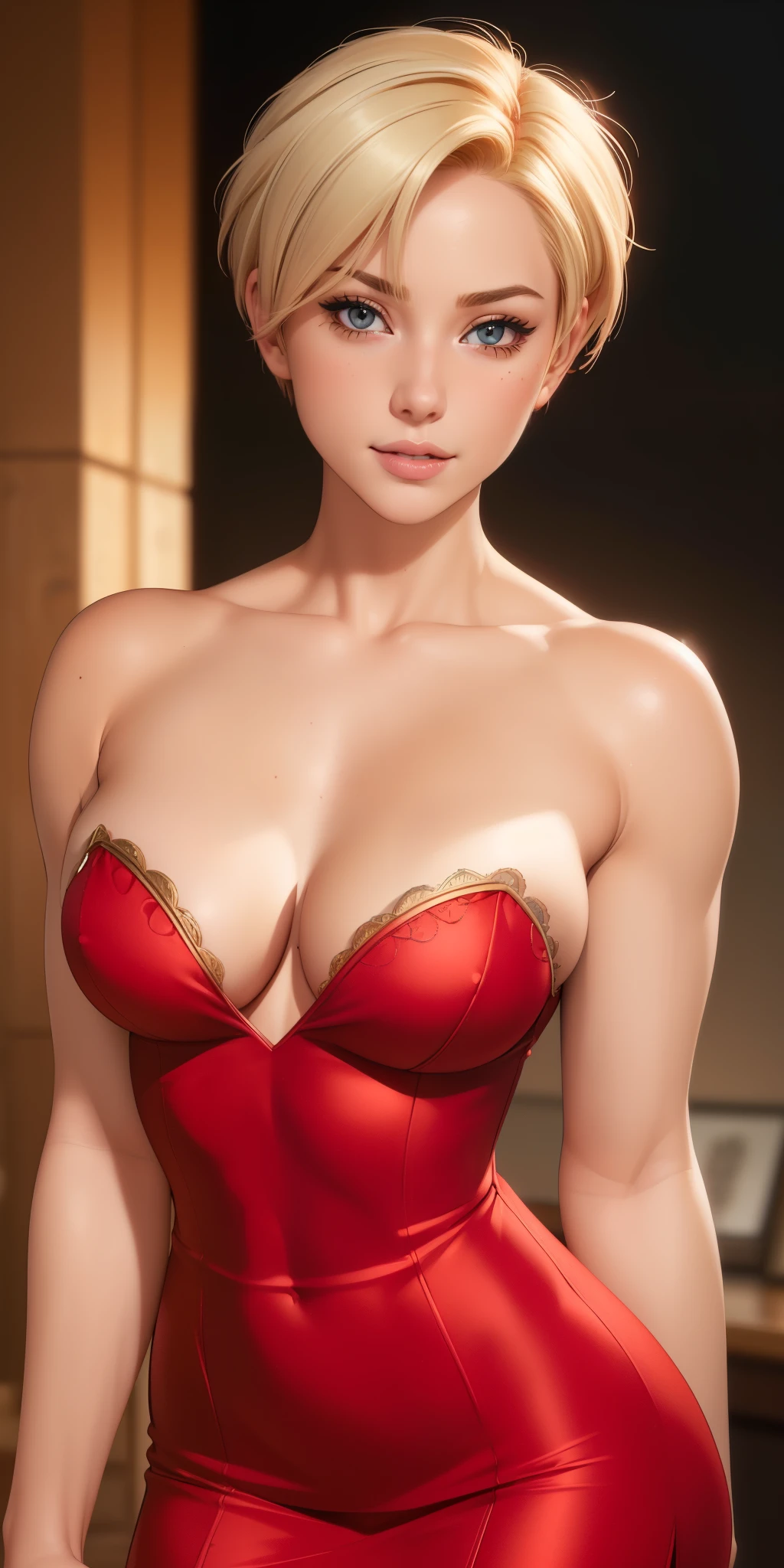 (best quality, ultra-detailed, photorealistic: 1.39), bright and vibrant colors, studio lighting, romantic expression, short red dress, undercut platinum bobcut blonde hair, small breasts, fit, muscular, short hair, mercenary