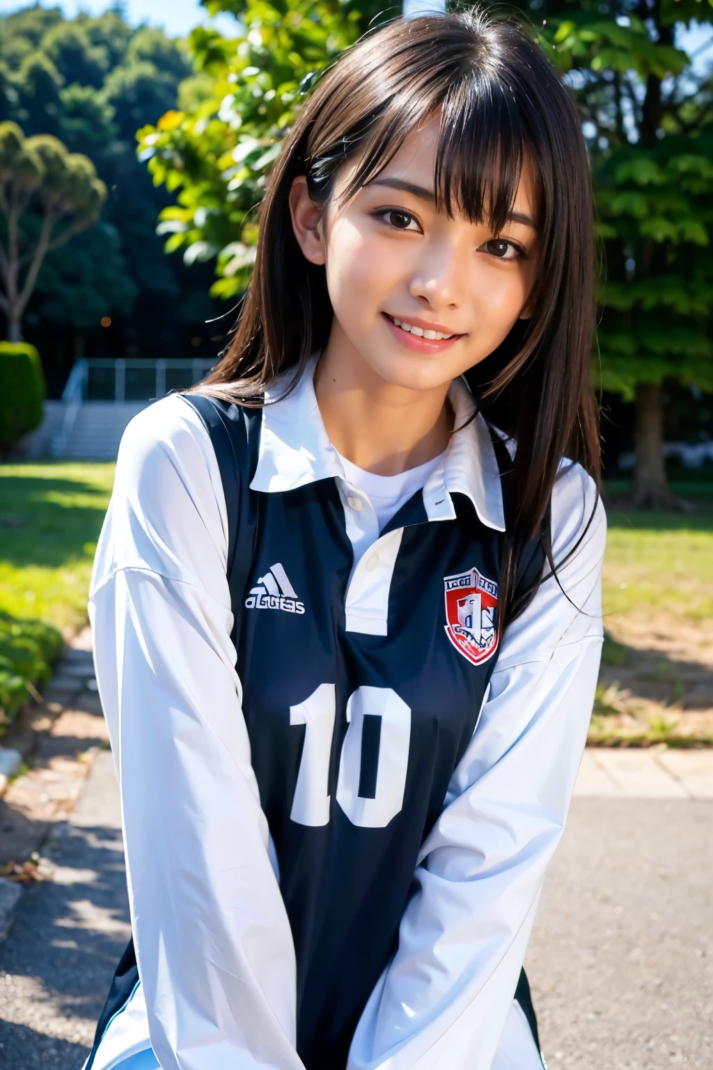 ((highest quality, masterpiece, Ultra-high resolution, (Realistic:1.4), RAW Photos)), Esbian all over, One Girl, Famous idols of Japan, 17 years old, Volleyball Uniforms、 View Viewer, Very cute face, Kind eyes、Very beautiful black hair, Long Bob Hair、Detailed face, Fine grain, Fine hair, A girl with a pure and innocent image, Laughter、