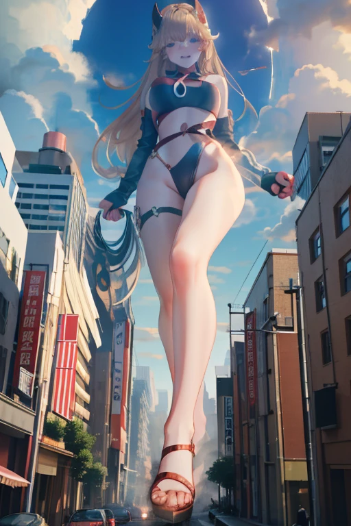 Giant Girl 50,000 feet high,Have a pair of long legs,Have a pair of huge breasts,Wearing a red bikini,Waist length blonde hair,Loose hair,Wear a pair of Mary Janes,Blonde curly hair,full of enjoyment,Standing firm in a crowded city, vandalism,It seems to be an invincible existence,Beautiful appearance,Exquisite makeup,quality,8K,高quality,(Governor:1.5),Perfect proportion, theater lighting,Film Grain,Fuji Colors,8K,Textured Skin,Super Detail,High Detail,high quality,high resolution,thunderbolt,Fake laugh,Morning, Full body image