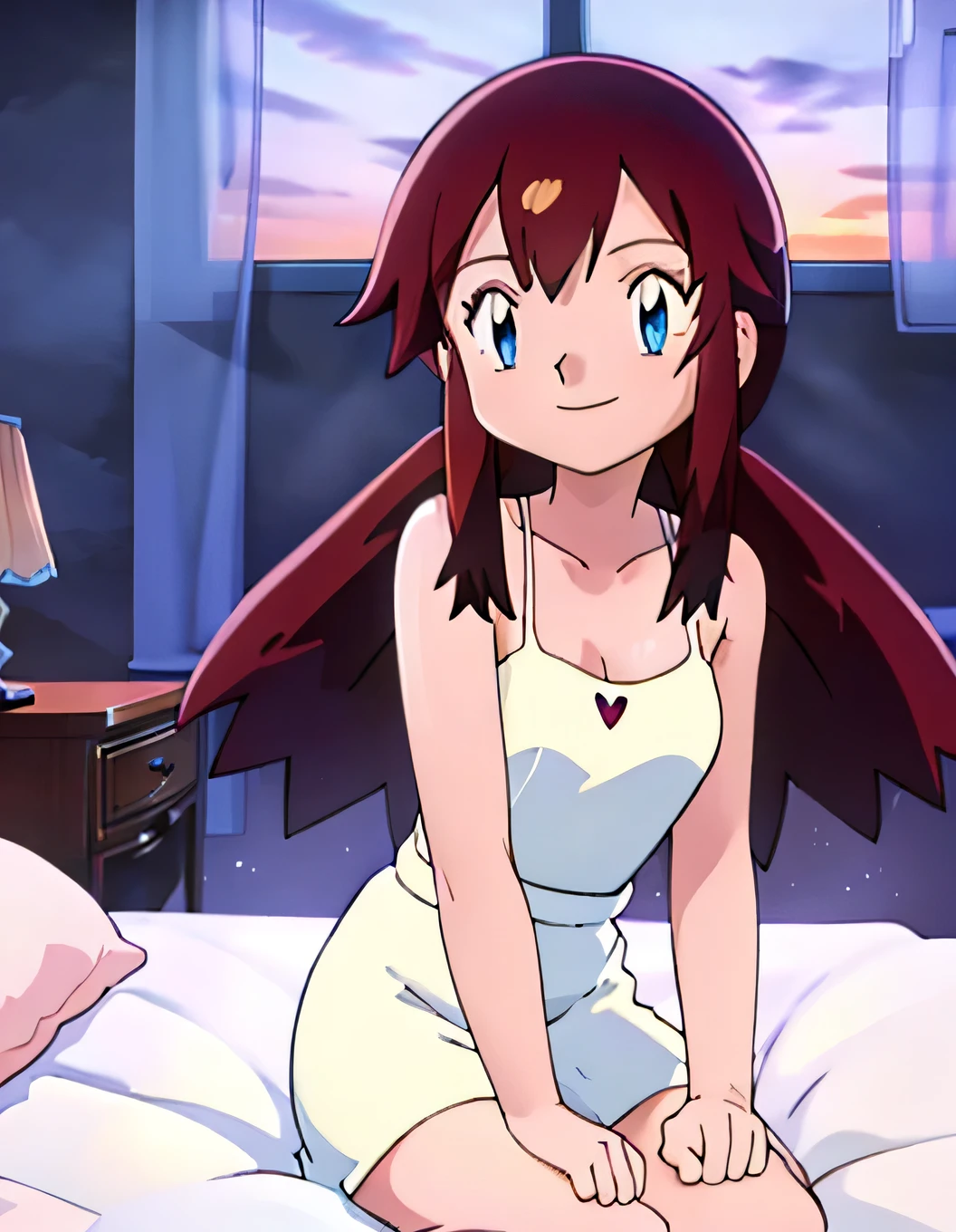 Melody, 1 girl, brown hair, blue eyes, bare shoulders, masterpiece, best quality, ultra-detailed, illustration, beautiful detailed eyes, very detailed illustration, cinematic lighting, solo, collarbone, Pink Camisole dress, intricate details, sharp focus, high resolution, evening light, purple sundown, bedroom, window, sitting on her bed, smile