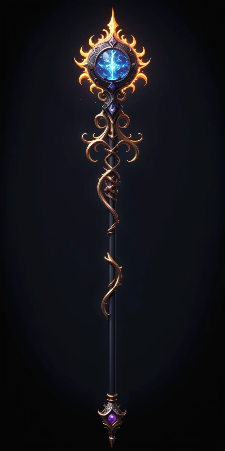 pixel art, cartoon illustration, Divine glavie greatstaff, Powerfull Magical theme, simple black background, RPG game icon