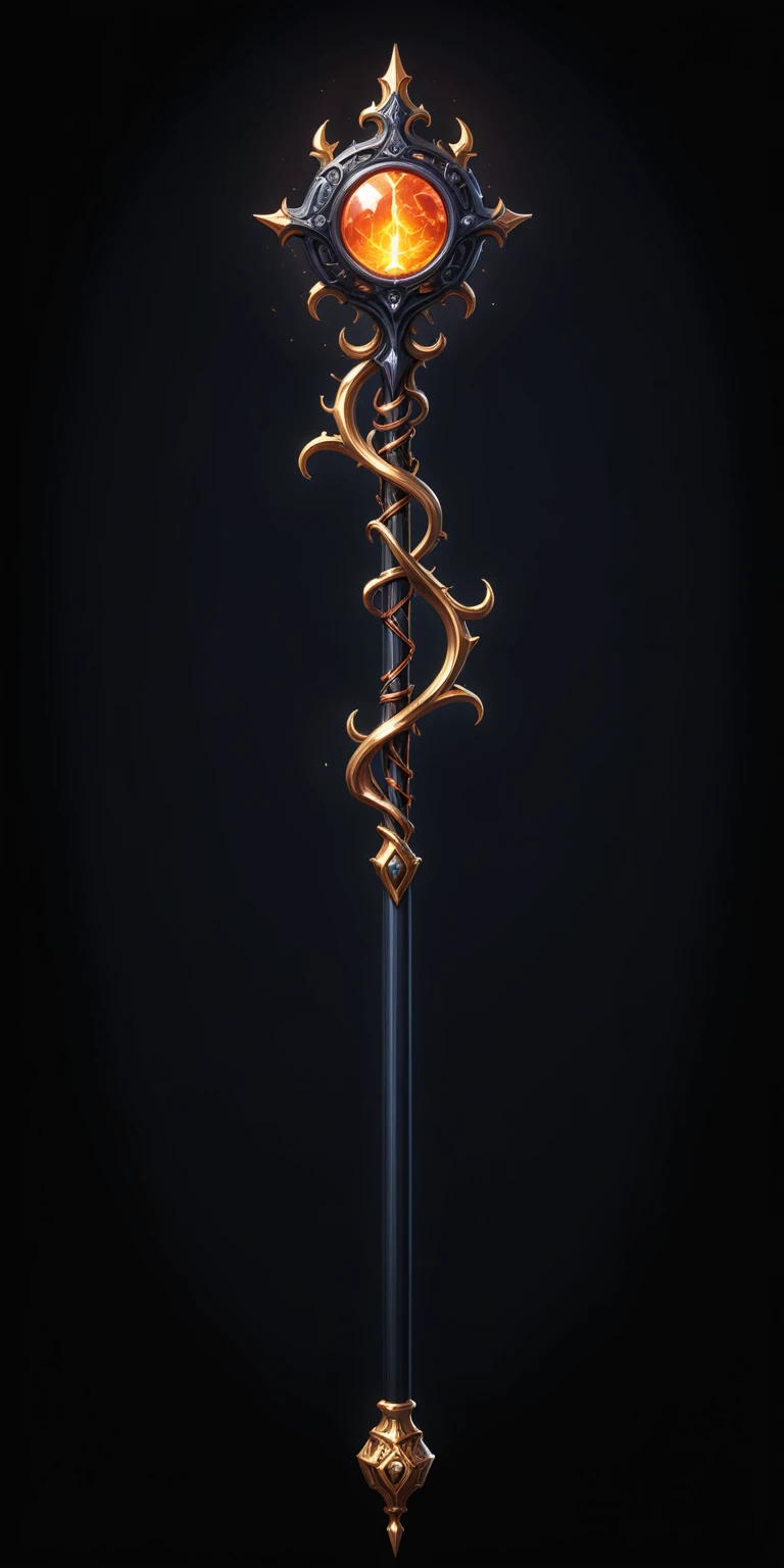 pixel art, cartoon illustration, Divine glavie greatstaff, Powerfull Magical theme, simple black background, RPG game icon
