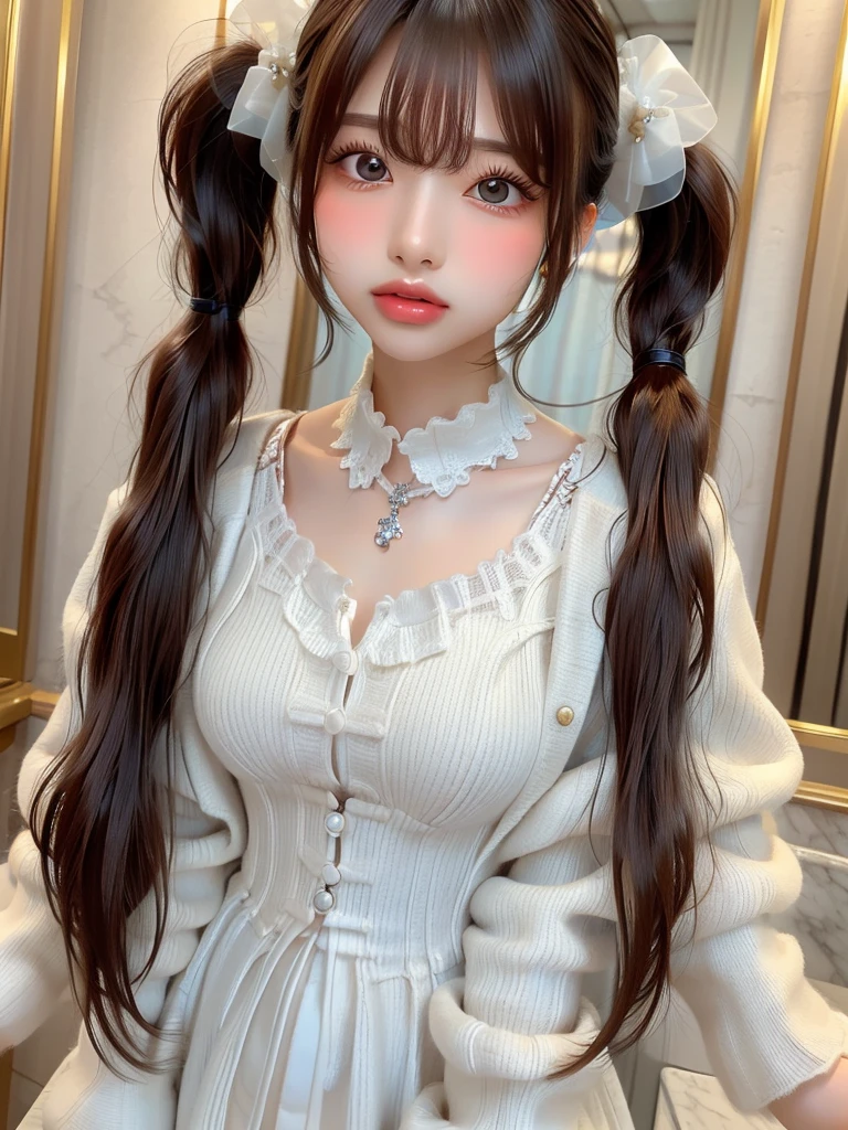 ((highest quality)),(超A high resolution),(Very detailed),(Detailed Description),((The best CG)),(masterpiece),Very detailedなアート、Luxury、Luxury Hotel、Small breasts、Whitening 1.5、(((Whitening 1.5)))、Clear skin quality、((()))、Ribbon hair ornament、(((Twin Tails Hair 1.5)))、Glitter Necklace、Ultimate Beauty 1.5 、