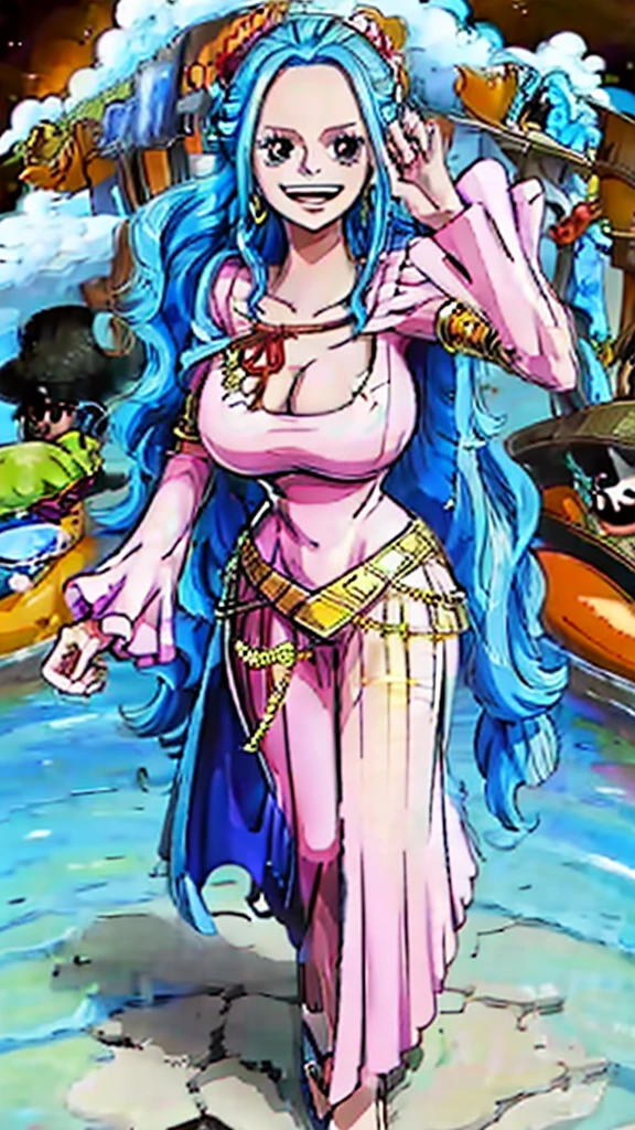 Crie uma imagem full body em estilo anime de Nefertari Vivi do anime One Piece. Ela possui cabelos longos e azuis com franja estilo Hime, olhos azuis, e um sorriso encantador. She is wearing a white leather jacket over a white loose-fitting shirt and sweatpants.. (corpo bonito:1.3) Vivi has bright red lips and a perfect anime face, com detalhes realistas e ultra detalhados. O fundo deve ser uma cidade, destacando-a como a melhor garota de anime (rosto bonito:1.3)
