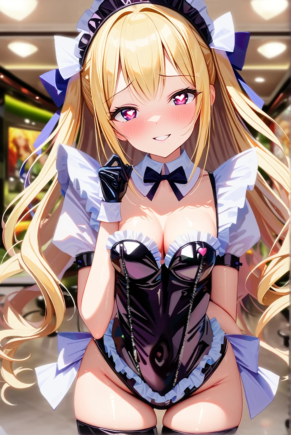 masterpiece, best quality, 1girl,blonde hair,Sui, (finely detailed heart shaped pupils and detailed face),,cowbody shot,lovestruck,extremely detailed picture unity 8k wallpaper,solo,(latex maid costume:0.9),glamour body,seductive smile,latex thighhigh,frill,glove