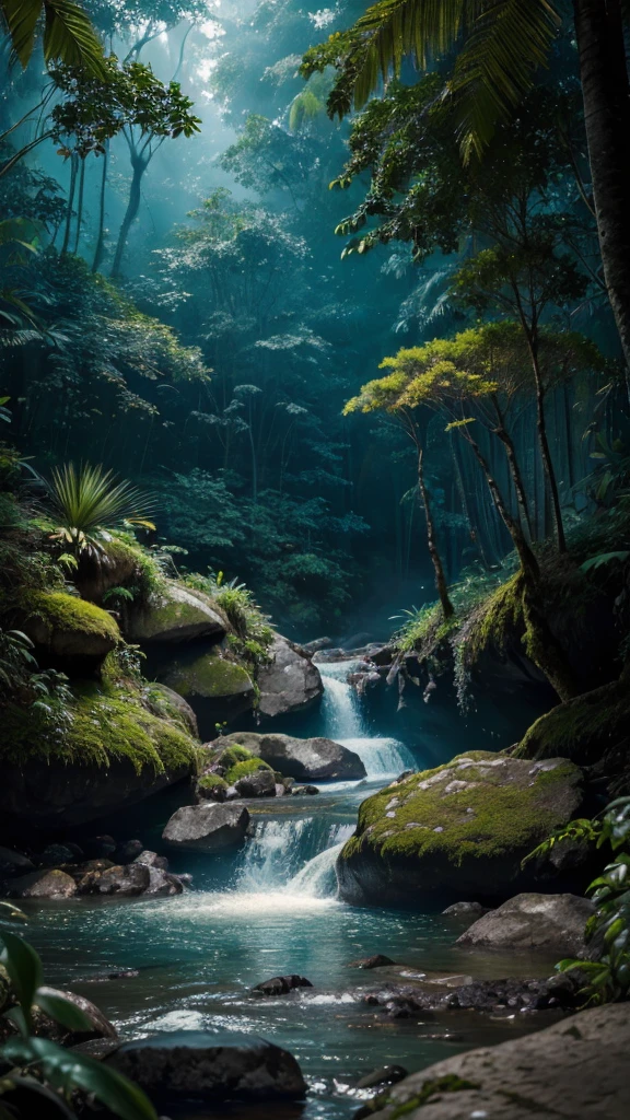 (Masterpiece, Best Quality, High Quality, Highres:1.4), Detailed, Extremely Detailed, Ambient Soft Lighting, 4K, Blurry, Blurry Background, Depth of Field, Bokeh, DOF, Fog, Bloom, Outdoors, (Nature, tropical forest:1.2), (Rocks:1.2), Mountains, Plants, Waterfall, Lush, Vibrant Colors, Warm Tones, Cinematic, Ray Tracing, Global Illumination, Volumetric Lighting, Hyper-Realistic, Photorealistic, Stunning Scenery, Breathtaking Landscape