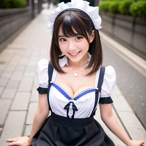 Cute face like a 15-year-old idol　Smiling Kindly　Japan maid café costumes　Maid clothes　mini skirt　Cosplay　whole body　whole bodyポートレート　Cleavage　Medium Bust　Crouch on the sidewalk　RAW Photos　Genuine　Genuine　High resolution　RAW Photos