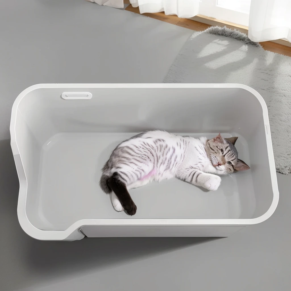 there is A cat that is laying in a white box, Gray cat litter box, Lovely design, Designed for comfort and aesthetics!, , Bottom Angle, A cat, Cat lying in the litter box,Gray ground,Natural light and shadow, Floor-to-ceiling windows,Full length view. Gray plastic, Bottom View, 360 degrees, Semi-realistic rendering, The cutest
