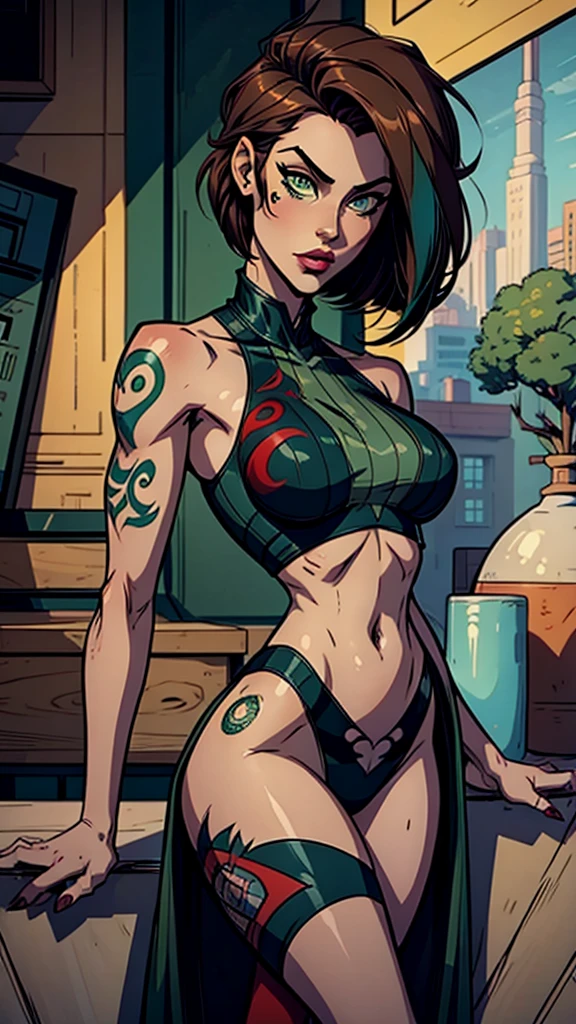 25 year old girl with short bob style hair, dark green eyes,with anime style clothes,with top and chameleon tattoo 