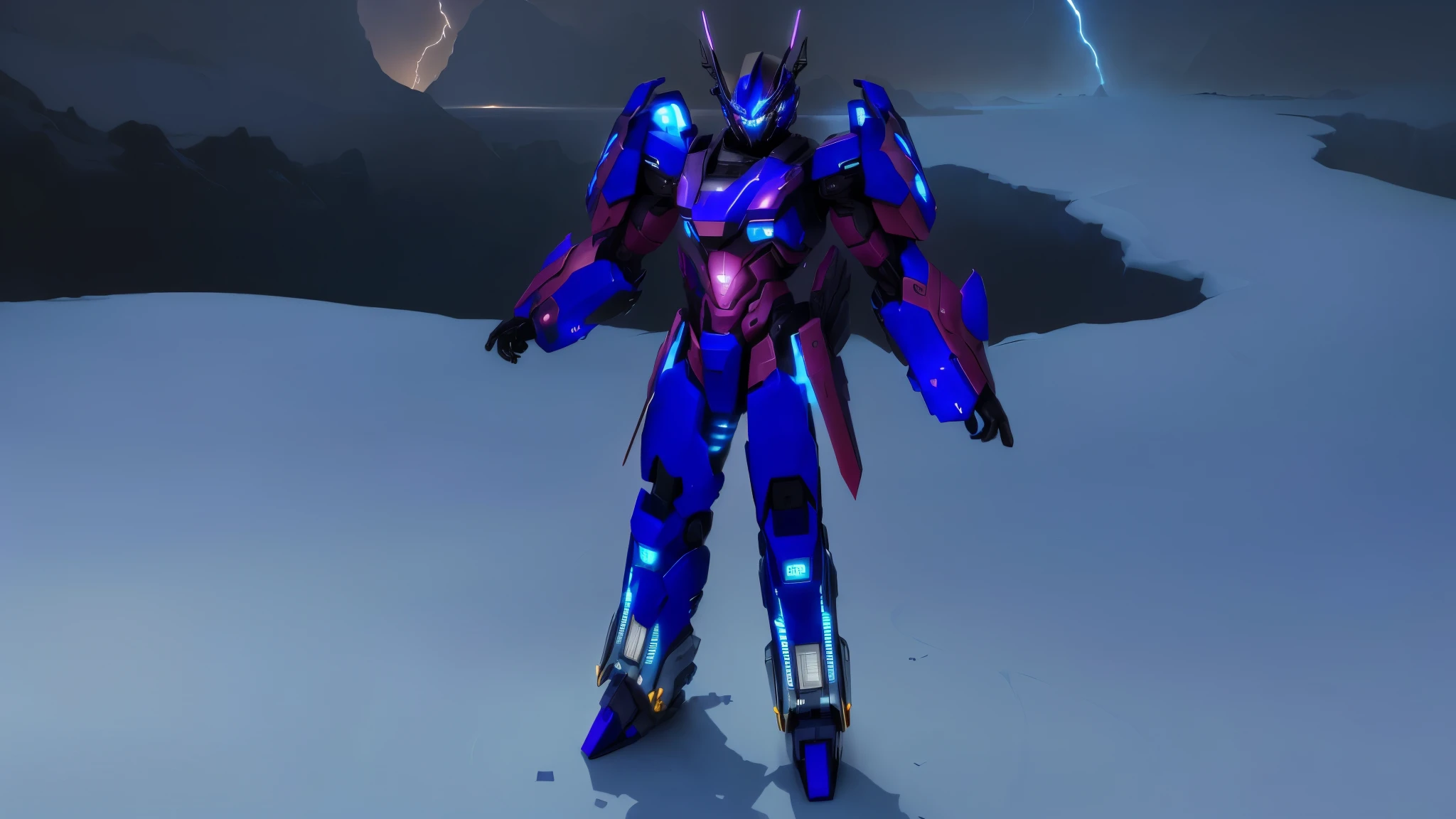 a blue colored female transformer with purple inserts, symmetrically arranged purple parts, on the back - hellicopter wings, arms from elbows to hands look like the front part of a helicopter, on the legs from knees to the ankle there are helicopter's repulsors and small heicopter's tail wings, no helmet, light blue eyes, two legs, two arms, not a suit, on a background there is an snowy dark blue metal desert, no buildings, no structures, dark blue storm clouds, light blue lightning from the clouds, blue river, river to the horizon, electrified river, light blue lightning from the river, space sky, stars in the sky, composition on the metal planet, big metalic planet, dark-blue metal, shiny metal, cybertron, mechanical planet, empty wasteland, dark blue storm clouds, light blue lightning from clouds, blue river, river to horizon, electrized river, light blue lightning from river, space sky, stars on the sky, realistic, watercolor, 4k, high quality, hight attention to details, concept art, concept art by Chris Mowry.