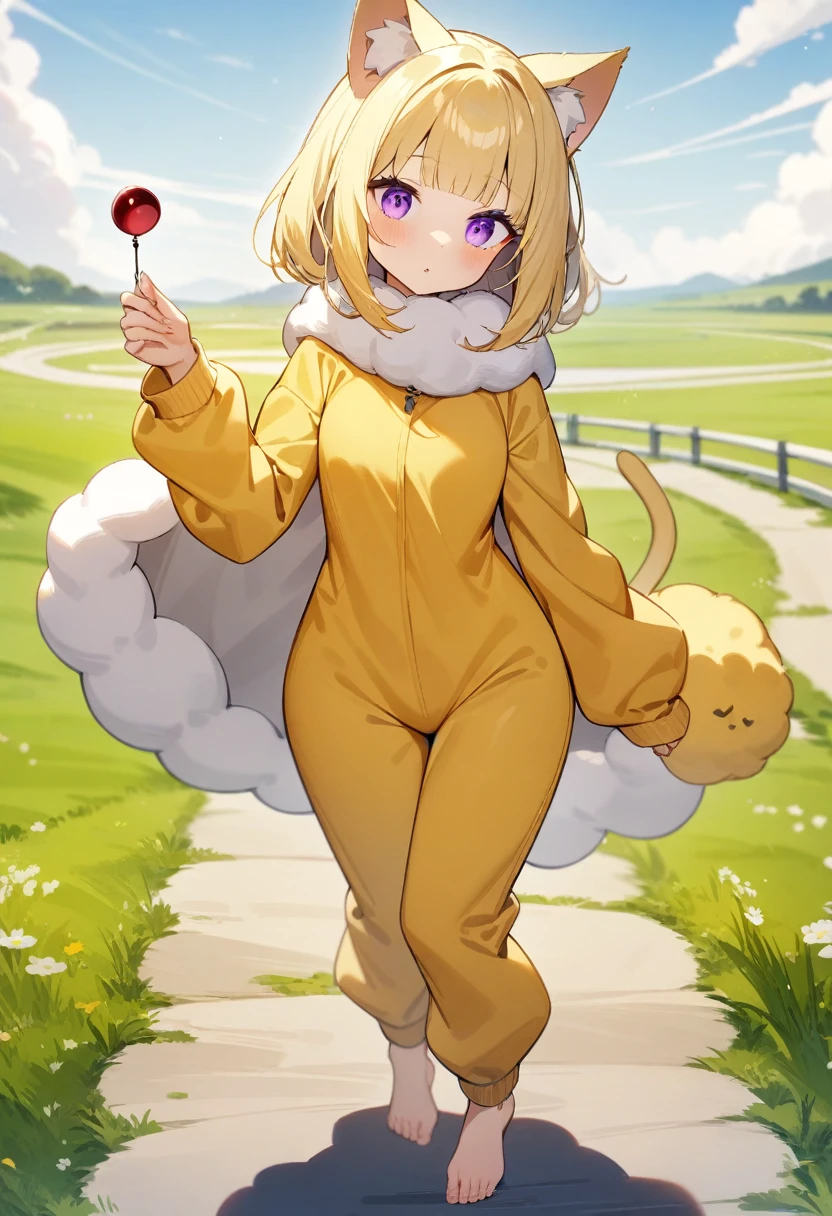 1girl, holding a pendulum, cat ears, long nose, natural breassts, long blonde hair, blunt bangs, purple eyes, baggy yellow onesie, fluffy white scarf, barefoot, grasslands road, masterpiece quality, ultra HD, 4K, best quality,