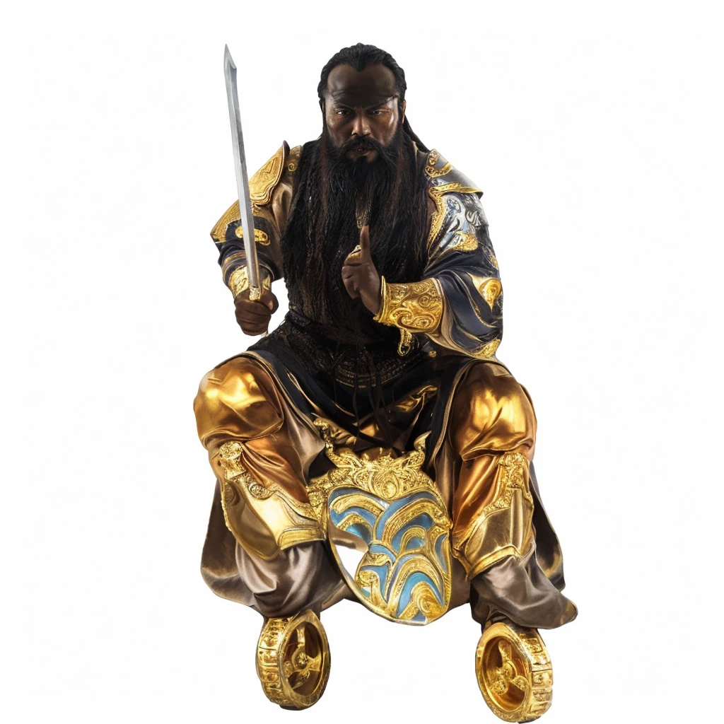 a black skin man with a long beard and a sword, chinese warrior, sitting on golden throne, luxurious robe, black bared foot, 2 golden wheel below the foot, big forehead, nearly bald